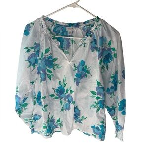 J. Crew White Blue Green Flower Floral Lightweight Long Sleeve Blouse Medium